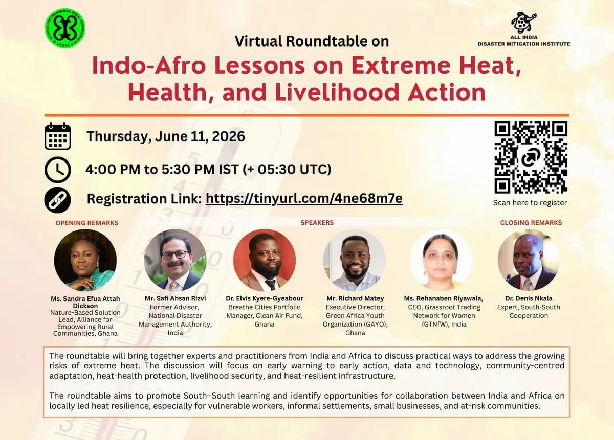 Virtual roundtable banner on Indo-Afro lessons for extreme heat, health, and livelihood action, organised by AIDMI and AERC on June 11, 2026.